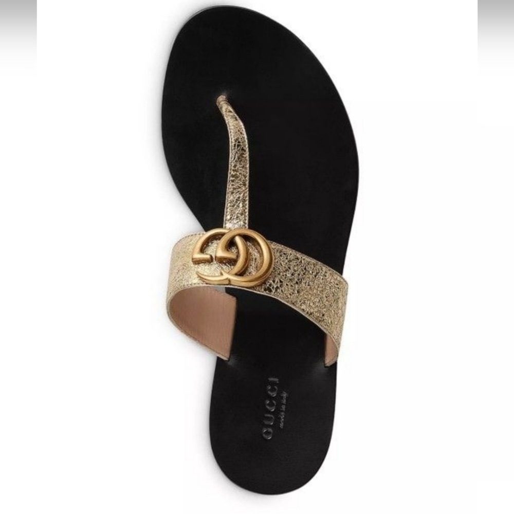 Gucci Gold Metallic Leather Thong Sandals with Black Footbed - Picture 2 of 6